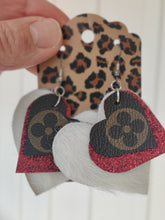 Load image into Gallery viewer, LV and Cowhide Heart Earrings (Red)