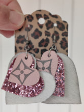 Load image into Gallery viewer, LV Upcycled Heart Earrings (Pink)