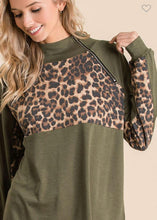 Load image into Gallery viewer, LEOPARD AND OLIVE FRENCH TERRY PULL OVER WITH ONE SIDE ZIP UP