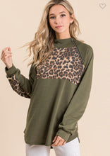 Load image into Gallery viewer, LEOPARD AND OLIVE FRENCH TERRY PULL OVER WITH ONE SIDE ZIP UP