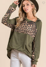 Load image into Gallery viewer, LEOPARD AND OLIVE FRENCH TERRY PULL OVER WITH ONE SIDE ZIP UP