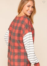 Load image into Gallery viewer, PLAID STRIPE COLOR BLOCK BUBBLE SLEEVE TOP