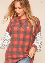 Load image into Gallery viewer, PLAID STRIPE COLOR BLOCK BUBBLE SLEEVE TOP