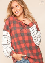 Load image into Gallery viewer, PLAID STRIPE COLOR BLOCK BUBBLE SLEEVE TOP
