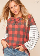 Load image into Gallery viewer, PLAID STRIPE COLOR BLOCK BUBBLE SLEEVE TOP