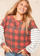 Load image into Gallery viewer, PLAID STRIPE COLOR BLOCK BUBBLE SLEEVE TOP