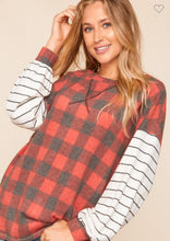 Load image into Gallery viewer, PLAID STRIPE COLOR BLOCK BUBBLE SLEEVE TOP