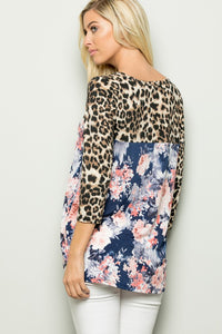 THREE QUARTER SLEEVE ANIMAL AND FLORAL PRINT CONTRAST TOP