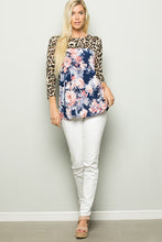 Load image into Gallery viewer, THREE QUARTER SLEEVE ANIMAL AND FLORAL PRINT CONTRAST TOP
