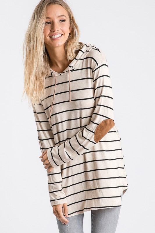 STRIPE PRINT HOODED TOP WITH ELBOW PATCH