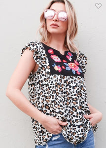 Leopard With Embroidery Flower Woven Top