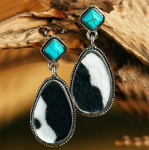 Western Style Turquoise & Cowhide Teardrop Earrings