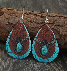 Western Style Turquoise & Leather Teardrop Earrings