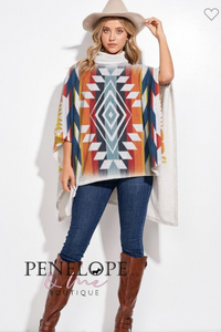 Aztec Turtleneck Poncho (Oatmeal)