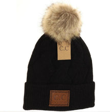 Load image into Gallery viewer, C.C. GEOMETRIC KNIT FAUX FUR POM BEANIE HAT
