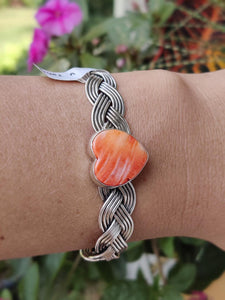 Sterling Silver Braided Spiny Oyster Heart Bracelet