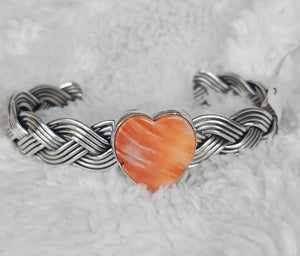 Sterling Silver Braided Spiny Oyster Heart Bracelet