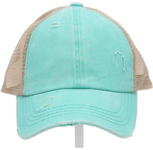 Washed Denim Criss Cross High Pony CC Ball Cap