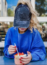 Load image into Gallery viewer, Washed Denim Criss Cross High Pony CC Ball Cap
