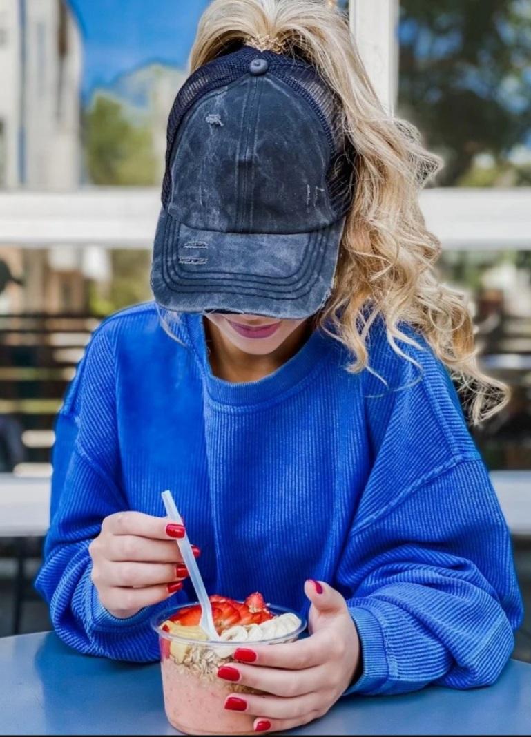 Washed Denim Criss Cross High Pony CC Ball Cap