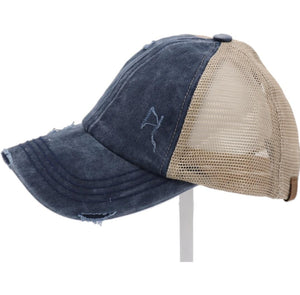 Washed Denim Criss Cross High Pony CC Ball Cap