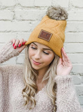 Load image into Gallery viewer, C.C. GEOMETRIC KNIT FAUX FUR POM BEANIE HAT
