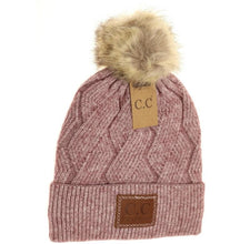 Load image into Gallery viewer, C.C. GEOMETRIC KNIT FAUX FUR POM BEANIE HAT
