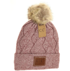 C.C. GEOMETRIC KNIT FAUX FUR POM BEANIE HAT