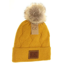 Load image into Gallery viewer, C.C. GEOMETRIC KNIT FAUX FUR POM BEANIE HAT
