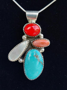 Sterling Silver Necklace With Turquoise, Opal, Spiny Oyster & Bamboo Coral Gemstone's