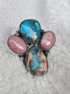 Sterling Silver  Ring With Rhodochrosite, Turquoise And Spiny Oyster Gemstone's