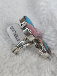 Sterling Silver  Ring With Rhodochrosite, Turquoise And Spiny Oyster Gemstone's