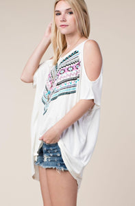 Open Shoulder Tribal Pattern Top with Stones