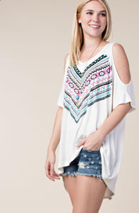 Open Shoulder Tribal Pattern Top with Stones