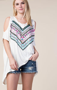 Open Shoulder Tribal Pattern Top with Stones